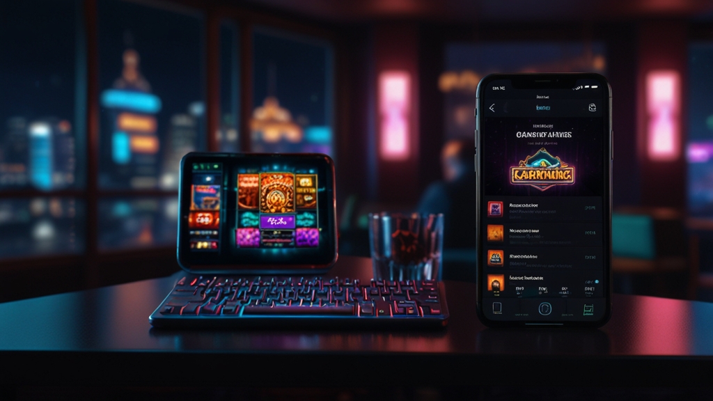 Android and iPhone showing mobile app download options in a dark casino setting