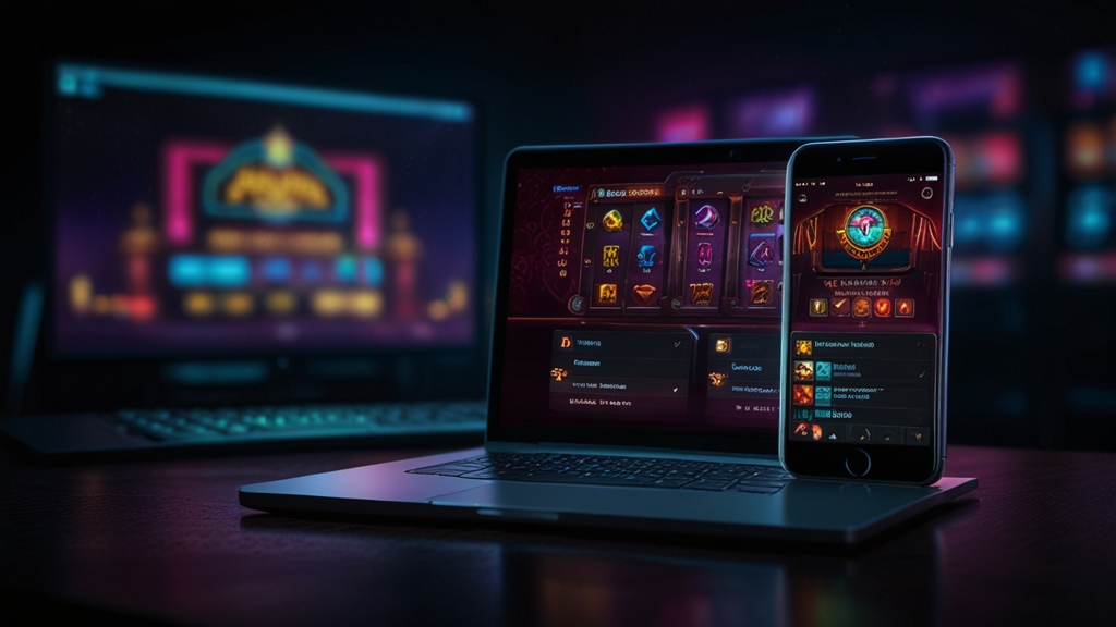 Smartphone and laptop showing app-style casino login access in a dark neon scene