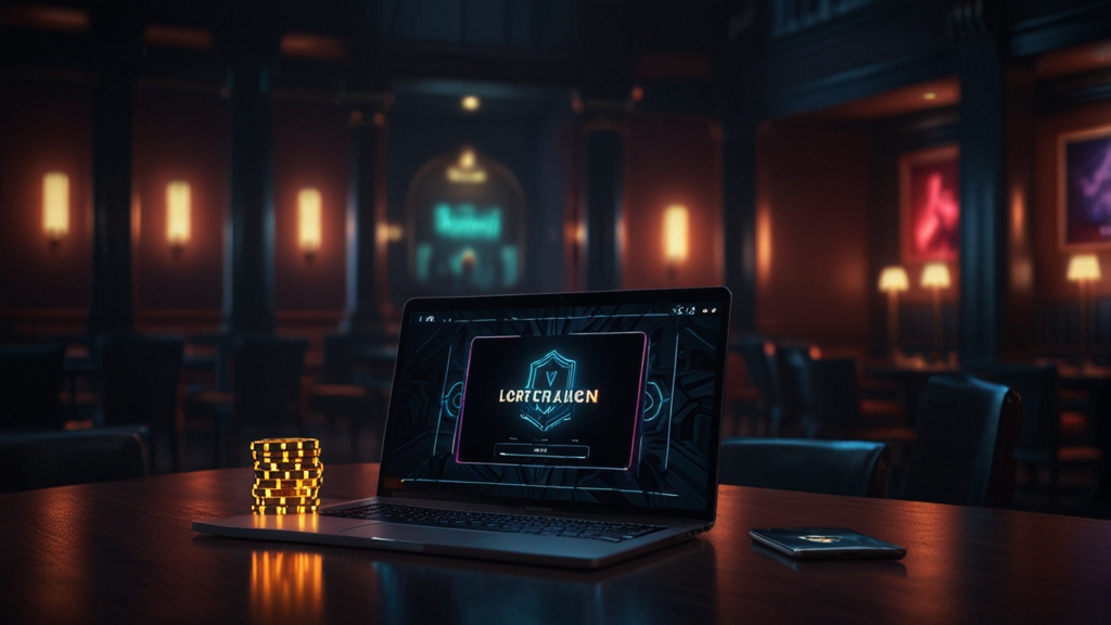 Laptop and smartphone showing a casino login screen in a dark neon setting